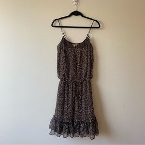 Ted Baker 100% Silk Abstract Dot Prints Ruffle Hem Sleeveless Dress Brown